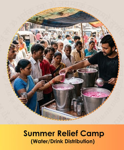 Summer Relief Camp with volunteers distributing drinking water and refreshing beverages to people during hot weather as part of charitable seva ePujabySATVIK India's most trusted website.